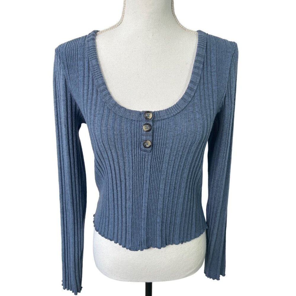 Aeropostale Ribbed Henley Top Blue Long Sleeve‎ Scoop Neck Size L
